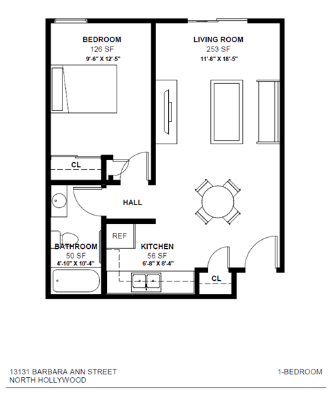 Floor plan for 1 bed, 1 bath, 564 sqft